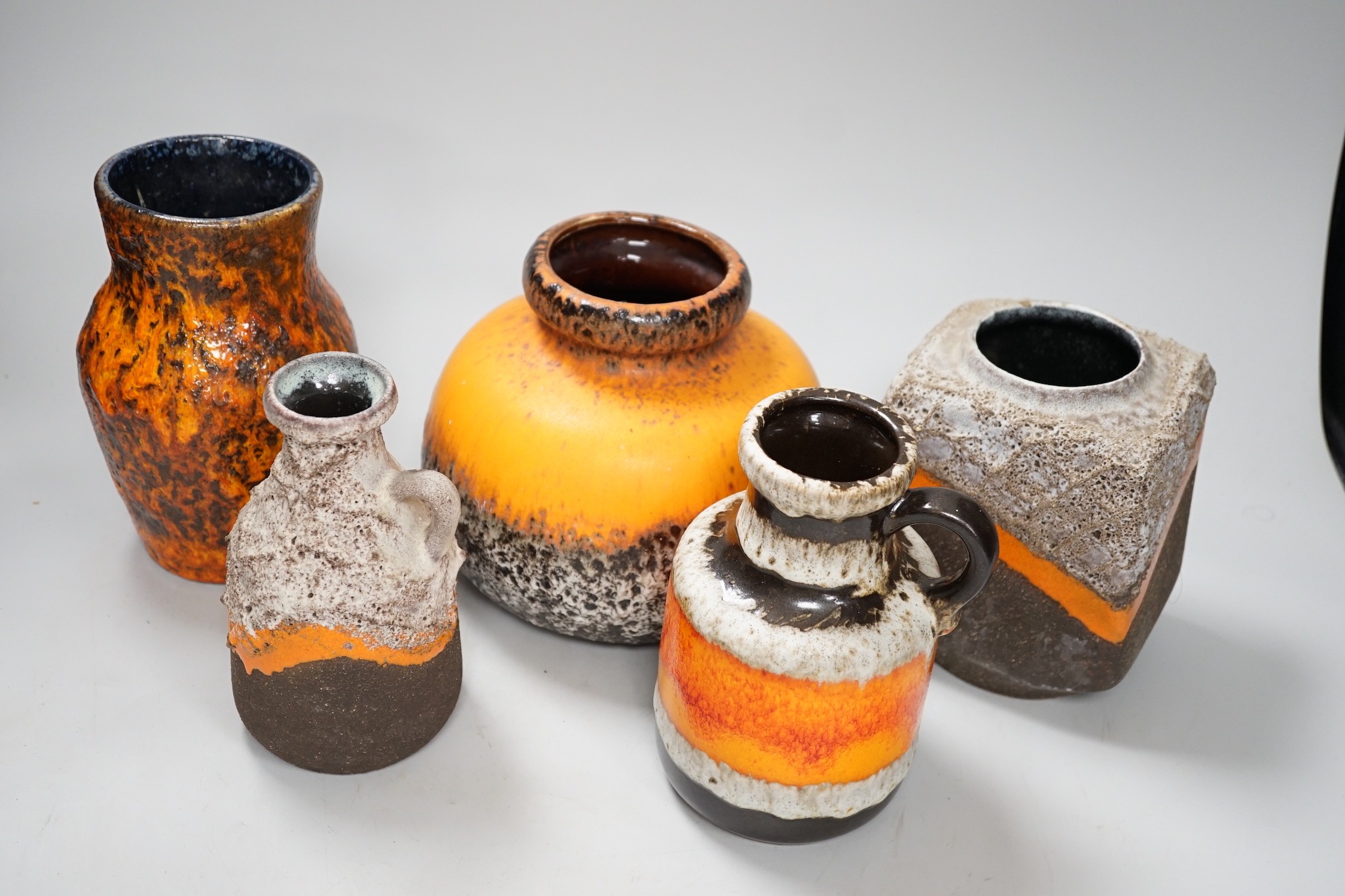 Five West German art, two Strehla Keramik and Fat lava and Bay Keramik pottery vases, Dümler & Breiden, Scheurich, tallest 18cm